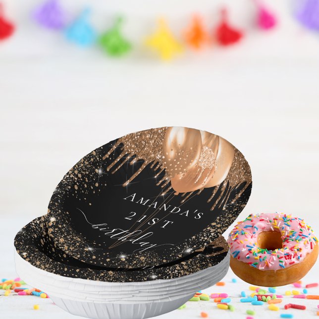 Birthday party black gold glitter balloons name paper plate (Creator Uploaded)