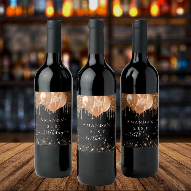 Birthday party black gold glitter balloons name wine label (Creator Uploaded)