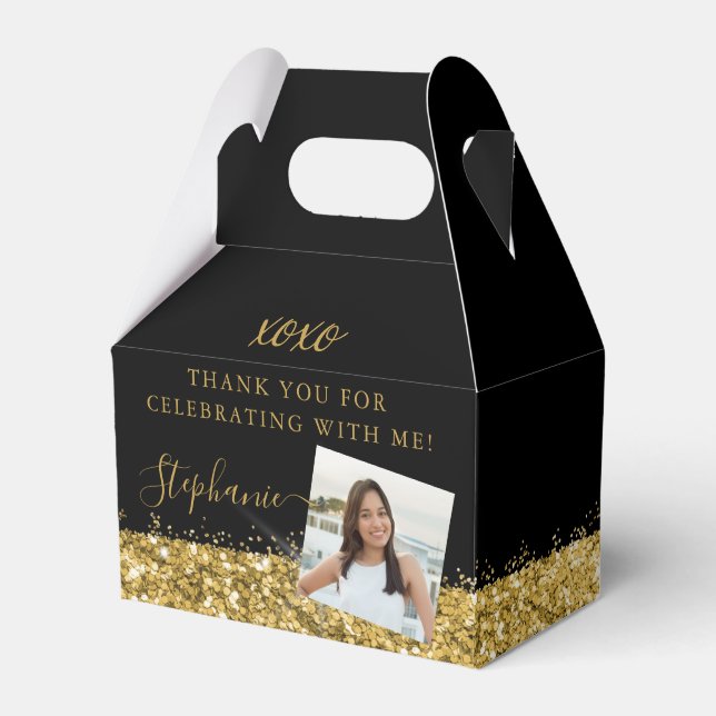 Birthday Party Black Gold Glitter Confetti Photo F Favour Box (Front Side)