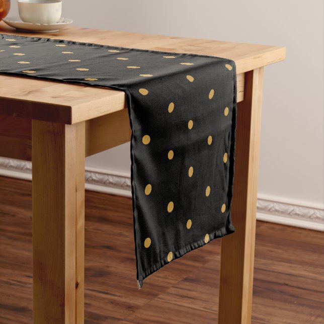 Birthday party black gold glitter dots pattern short table runner (In Situ)