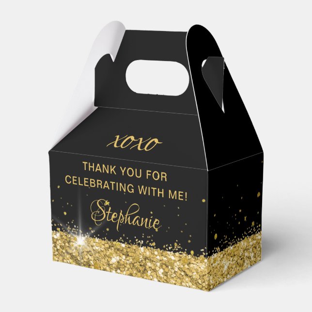 Birthday Party Black Gold Glitter Dust Favour Box (Front Side)