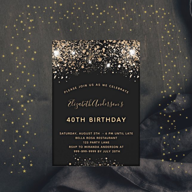 Birthday party black gold glitter dust luxury invitation (Creator Uploaded)
