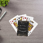 Birthday party black gold glitter dust name playing cards<br><div class="desc">Girly and trendy playing cards for a 50th (or any age)  birthday party. A classic black background decorated with faux gold glitter dust. Personalise and add a date,  name and age 50. The name is written with a modern hand lettered style script. Perfect for party games or as favours.</div>