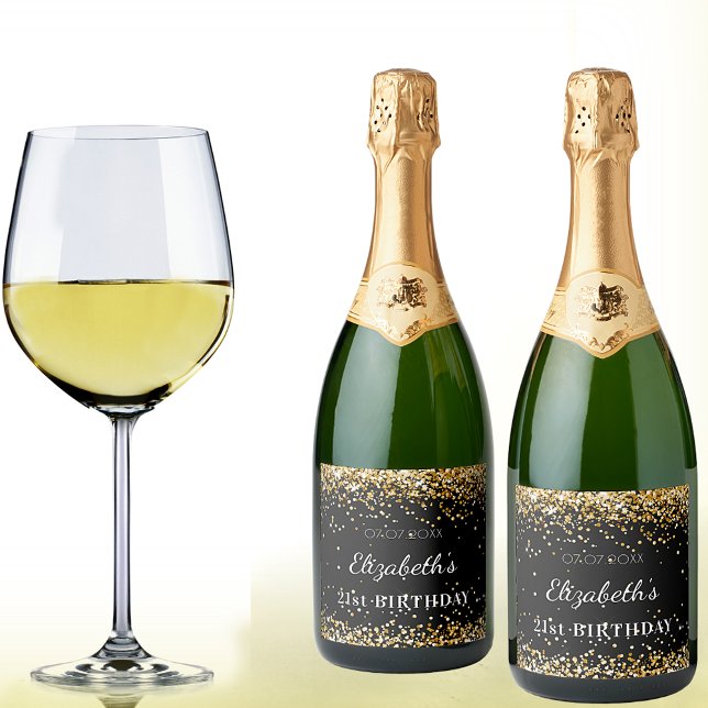 Birthday party black gold glitter dust name sparkling wine label (Creator Uploaded)