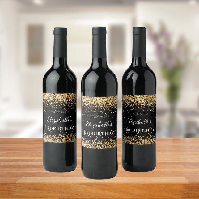 Birthday party black gold glitter dust name wine label (Creator Uploaded)