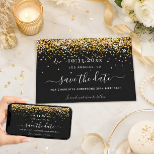 Birthday party black gold glitter elegant save the date