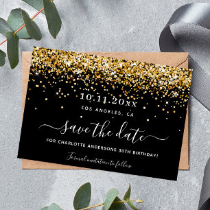 Birthday party black gold glitter elegant save the date