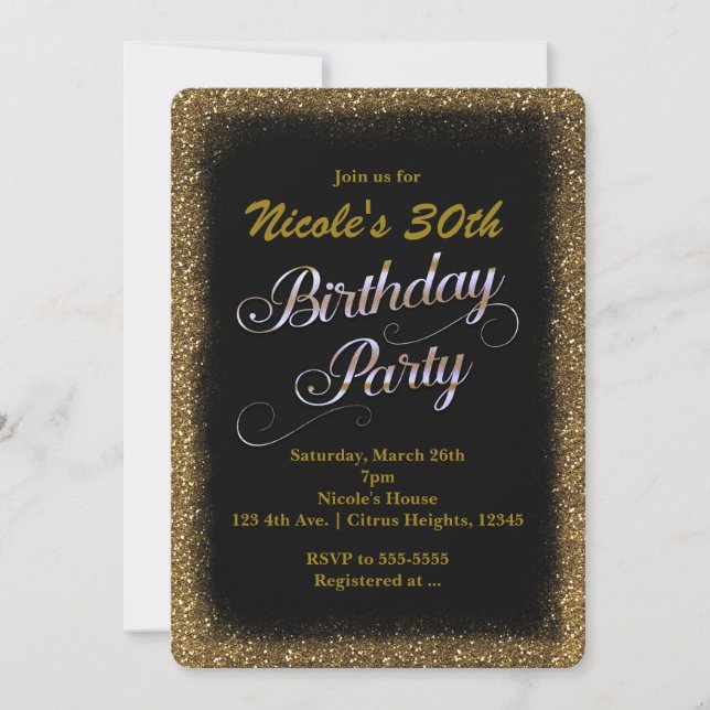 Birthday Party Black & Gold Glitter Invitation (Front)