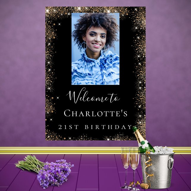 Birthday party black gold glitter photo welcome poster (Creator Uploaded)