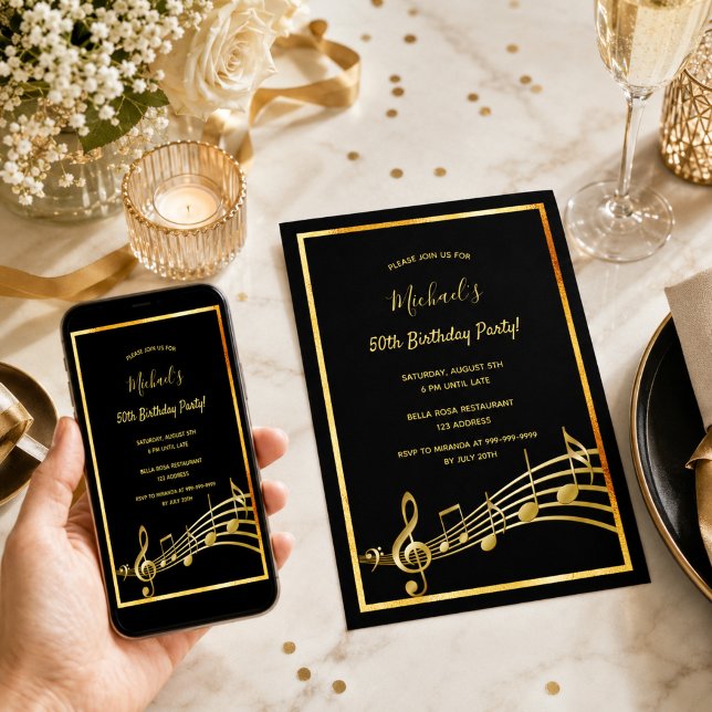 Birthday party black gold music notes invitation (Creator Uploaded)