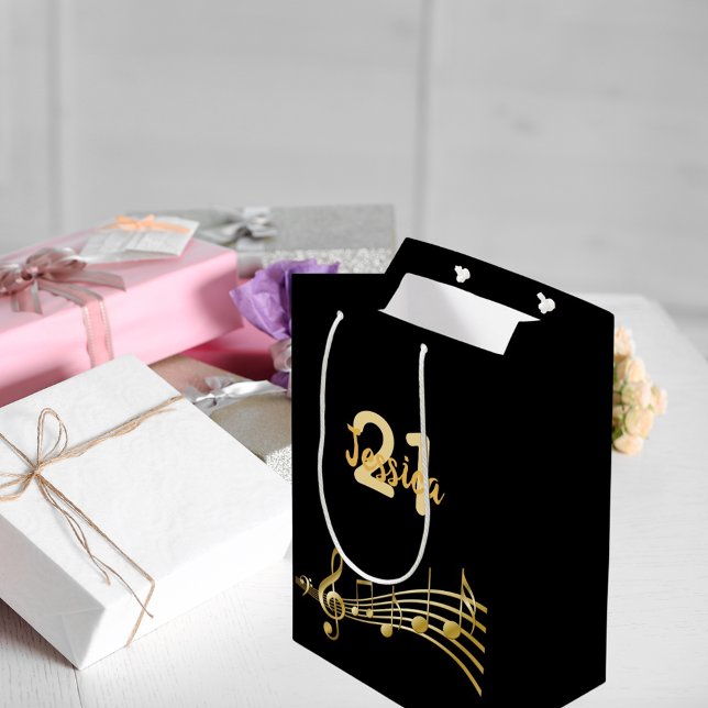 Birthday party black gold music notes monogram medium gift bag (Creator Uploaded)