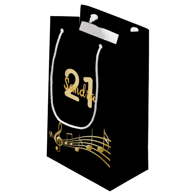 Birthday party black gold music notes monogram small gift bag (Back Angled)