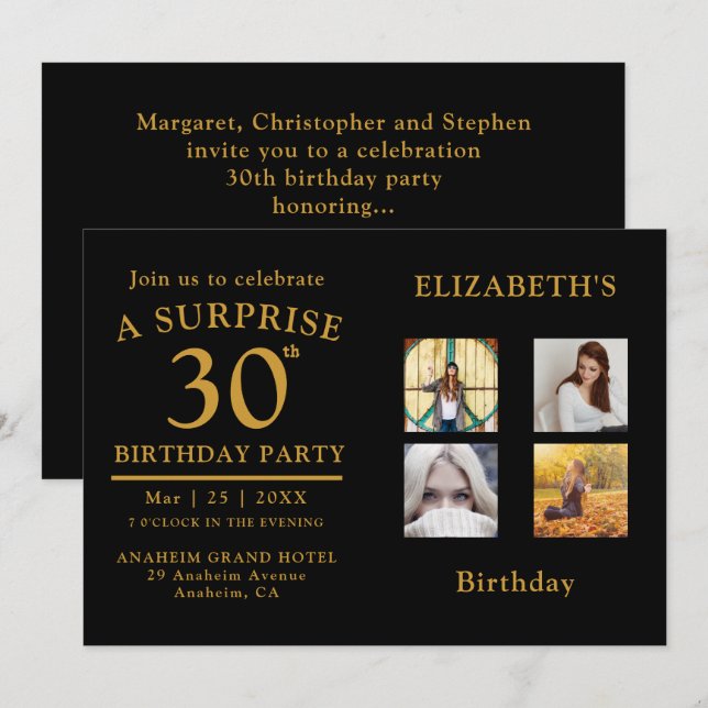 Birthday Party Black Gold Photo Collage Invitation (Front/Back)