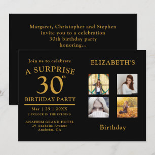 Birthday Party Black Gold Photo Collage Invitation