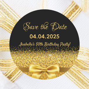 Birthday party black gold save the date classic round sticker