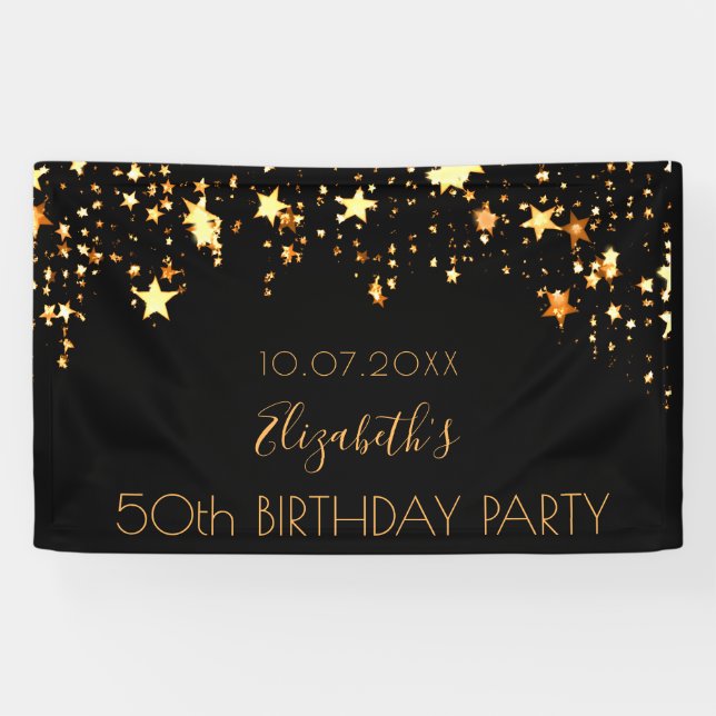 Birthday party black gold stars banner (Horizontal)
