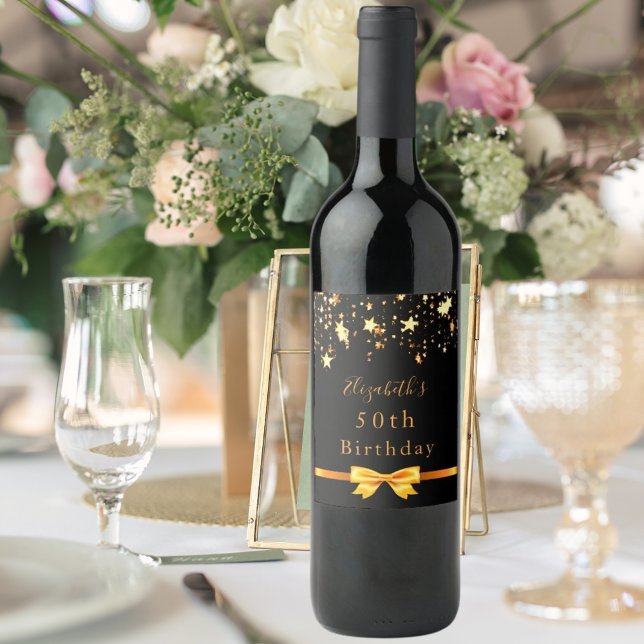 Birthday party black gold stars modern chic wine label (Creator Uploaded)