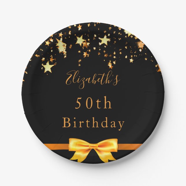 Birthday party black gold stars modern monogram paper plate (Front)
