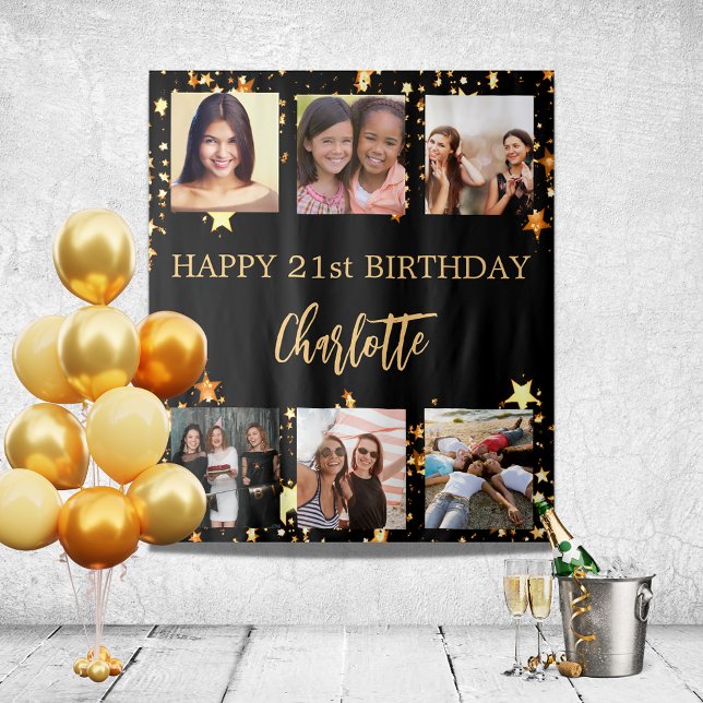 Birthday party black gold stars photo collage tapestry (Creator Uploaded)