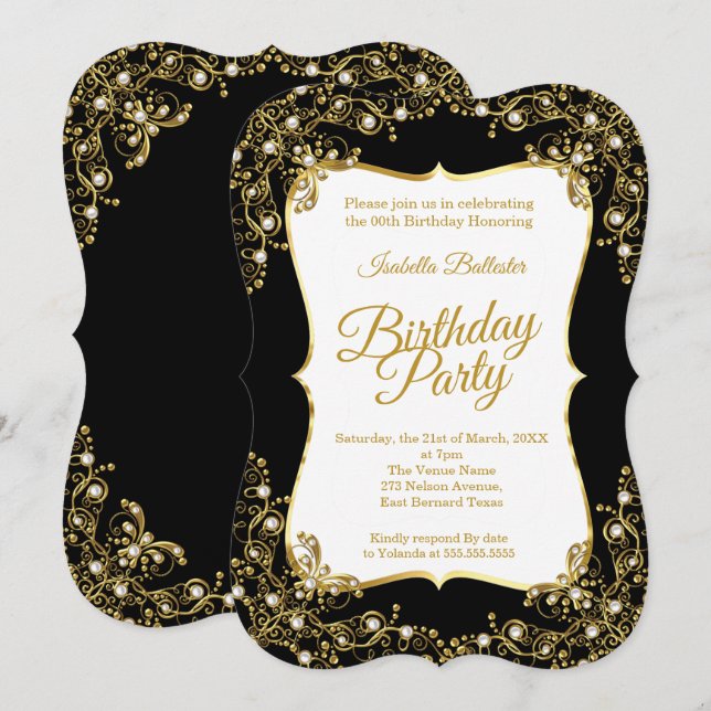 Birthday party black Gold White Pearls Invitation (Front/Back)