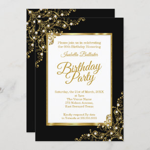 Birthday party black Gold White Photo Invitation