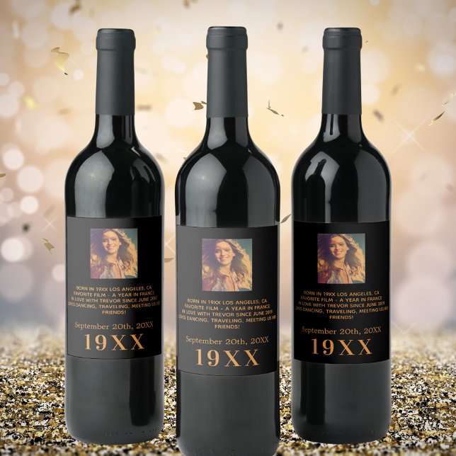 Birthday party black gold year born photo bio wine label (Creator Uploaded)