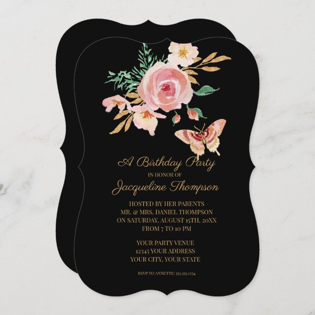 Birthday Party Black n Blush Butterfly w Flowers Invitation (Front/Back)