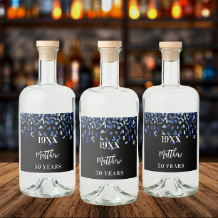 Birthday party black navy blue confetti name years liquor bottle label