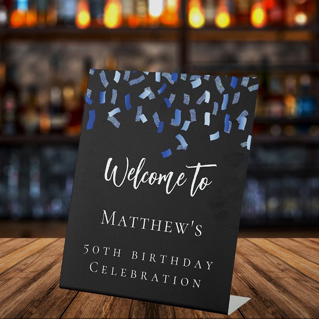 Birthday party black navy blue welcome pedestal sign (Creator Uploaded)