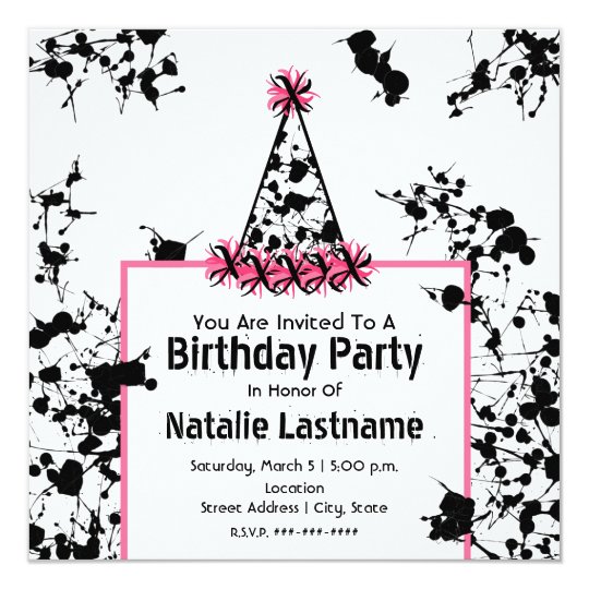 Birthday Party - Black Paint Splatter Party Hat Card