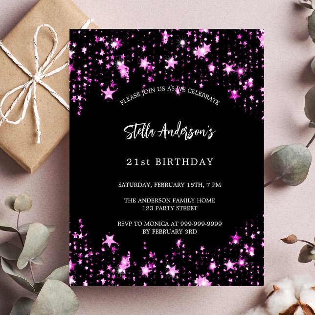 Birthday party black pink stars budget invitation flyer (Creator Uploaded)