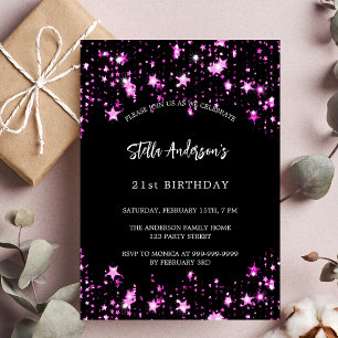 Birthday party black pink stars luxury invitation