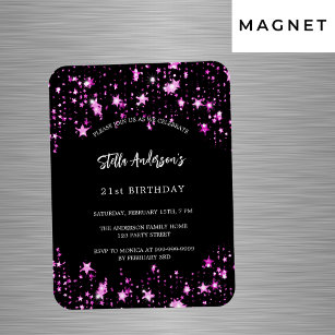 Birthday party black pink stars luxury invitation magnet