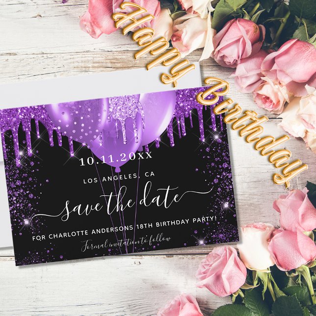 Birthday party black purple balloons save the date announcement postcard (Creator Uploaded)