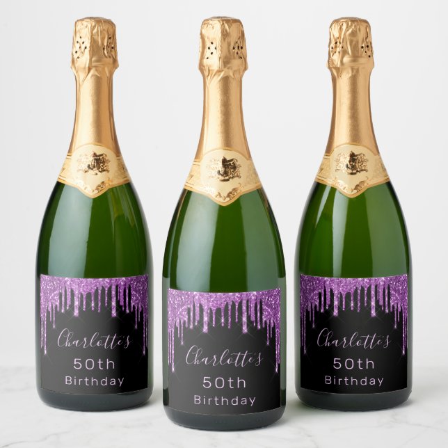 Birthday party black purple glitter drip pink glam sparkling wine label (Bottles)