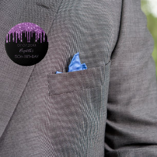 Birthday party black purple glitter drips monogram 3 cm round badge