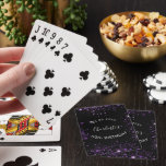 Birthday party black purple glitter dust name playing cards<br><div class="desc">Girly and trendy playing cards for a 50th (or any age)  birthday party. A classic black background decorated with purple faux glitter dust. Personalise and add a date,  name and age 50. The name is written with a modern hand lettered style script. Perfect for party games or as favours.</div>
