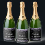 Birthday party black purple glitter dust name sparkling wine label<br><div class="desc">A wine label for a girly and glamourous 21st (or any age) birthday party.  A black background with purple,  violet faux glitter dust. Personalise and add a date,  name and age 21. The name is written with an elegant hand lettered style script.</div>
