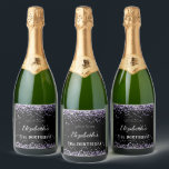 Birthday party black purple glitter dust name sparkling wine label<br><div class="desc">A wine label for a girly and glamourous 21st (or any age) birthday party.  A black background with purple,  violet faux glitter dust. Personalise and add a date,  name and age 21. The name is written with an elegant hand lettered style script.</div>