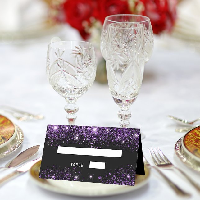 Birthday party black purple glitter dust place card (Creator Uploaded)