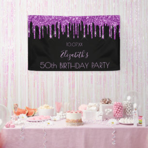 Birthday party black purple glitter glamourous banner