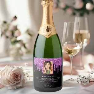 Birthday party black purple glitter photo welcome sparkling wine label