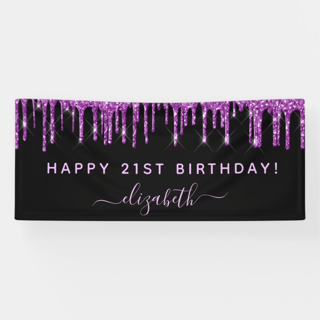 Birthday party black purple glitter sparkle modern banner (Horizontal)