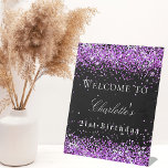 Birthday party black purple glitter welcome pedestal sign<br><div class="desc">A welcome board for a girly and glamorous 21st (or any age) birthday party.  A stylish black background decorated with purple faux glitter,  sparkles.   Personalize and add a name and age 21.  White letters. 
Back: no design</div>