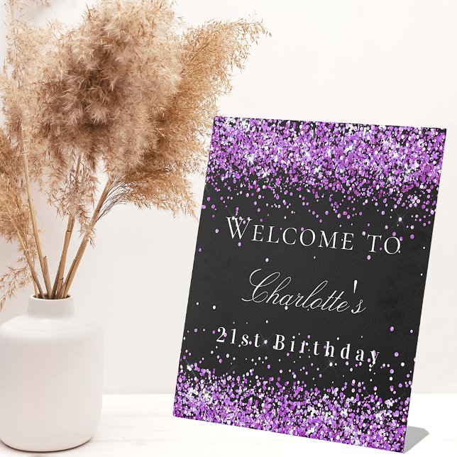 Birthday party black purple glitter welcome pedestal sign (Creator Uploaded)