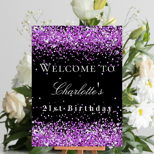 Birthday party black purple glitter welcome poster (Creator Uploaded)