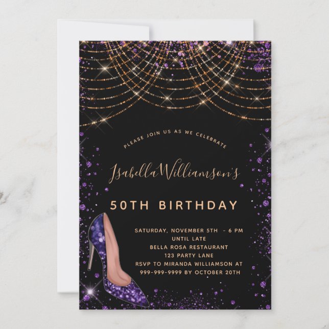 Birthday party black purple gold glitter dust invitation (Front)
