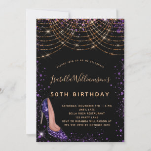 Birthday party black purple gold glitter dust invitation