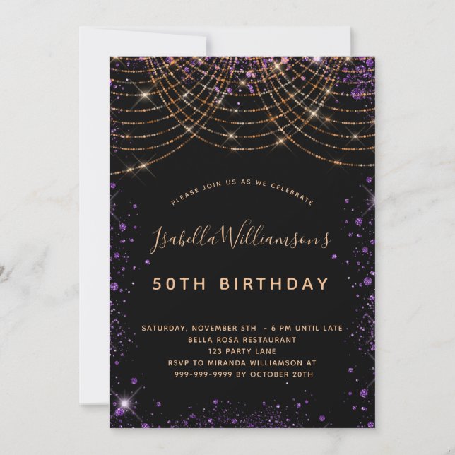 Birthday party black purple gold glitter dust invitation (Front)