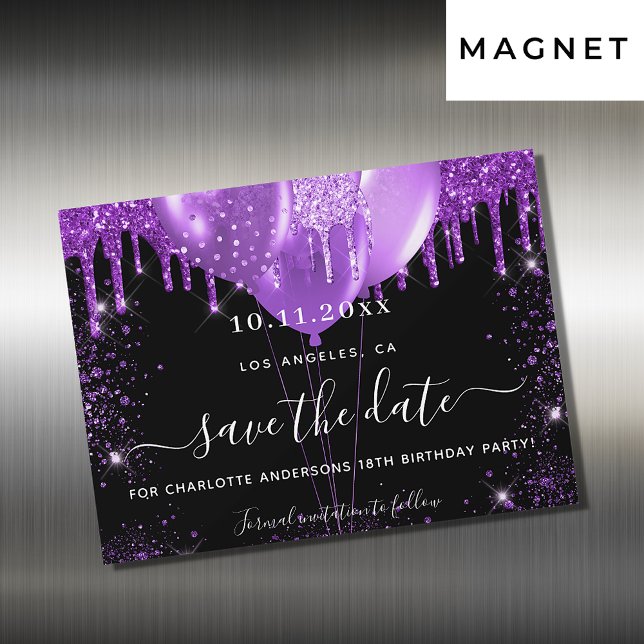 Birthday party black purple save the date magnet (Creator Uploaded)